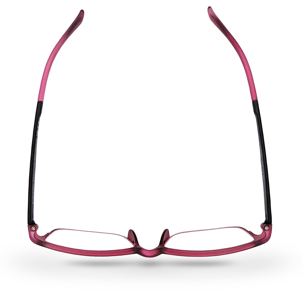 Eyelevel-UK Mauritius reading glasses with a pink and black softly squared plastic frame, viewed from above.
