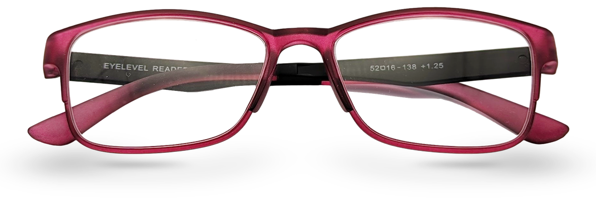 Eyelevel-UK Mauritius reading glasses with a pink and black softly squared plastic frame and clear magnifying lenses.
