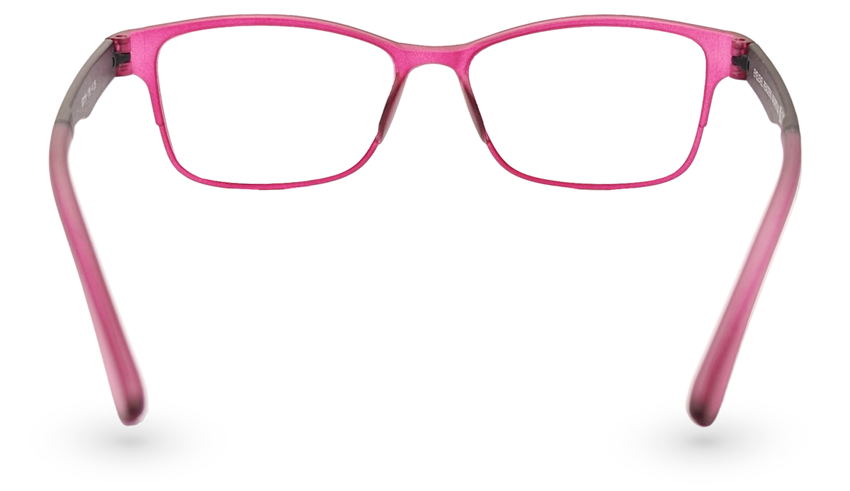 Eyelevel-UK Mauritius reading glasses with a pink and black softly squared plastic frame, viewed from behind.
