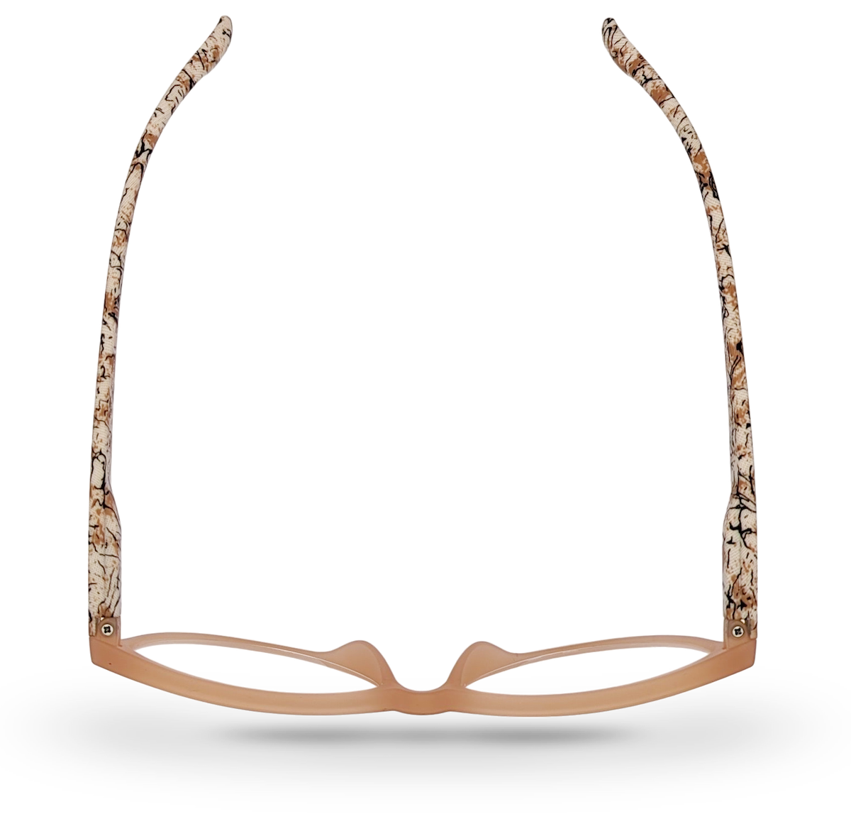 Eyelevel-UK Mexico cat-eye reading glasses with beige frame and animal print temples viewed from above