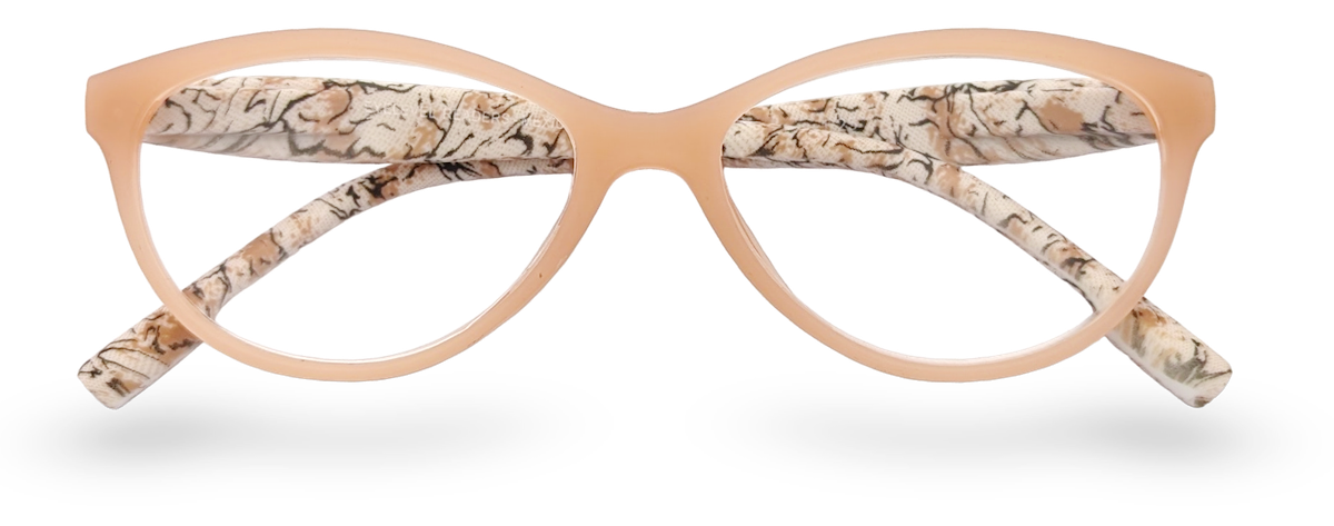 Eyelevel-UK Mexico cat-eye reading glasses with a beige frame and animal print temples on a white background