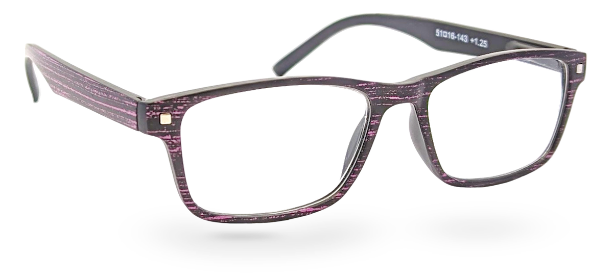 Eyelevel-UK Miami reading glasses with a black and pink grain effect rectangular plastic frame and clear lenses.