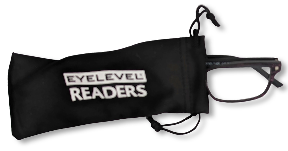 Eyelevel-UK Miami reading glasses with black and pink grain frame inside a branded soft grey felt pouch