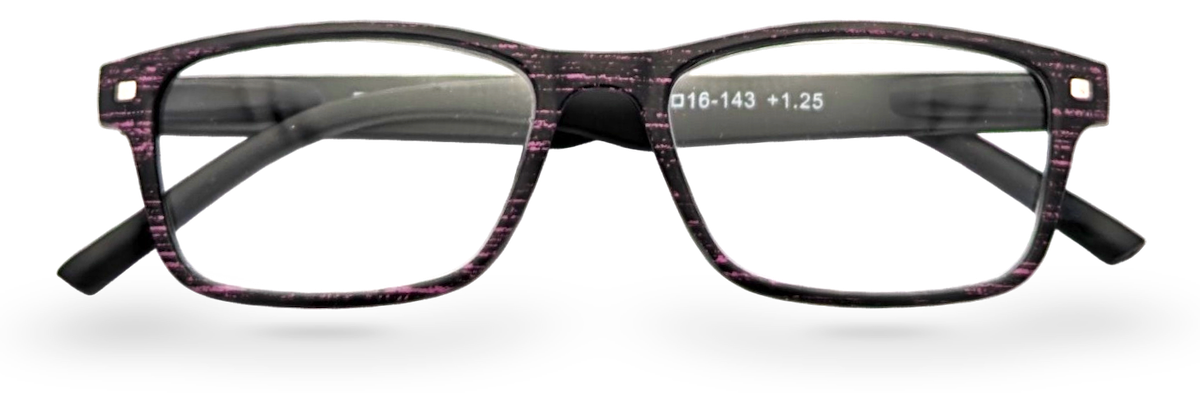 Eyelevel-UK Miami reading glasses with a black and pink grain effect rectangular plastic frame and clear lenses.