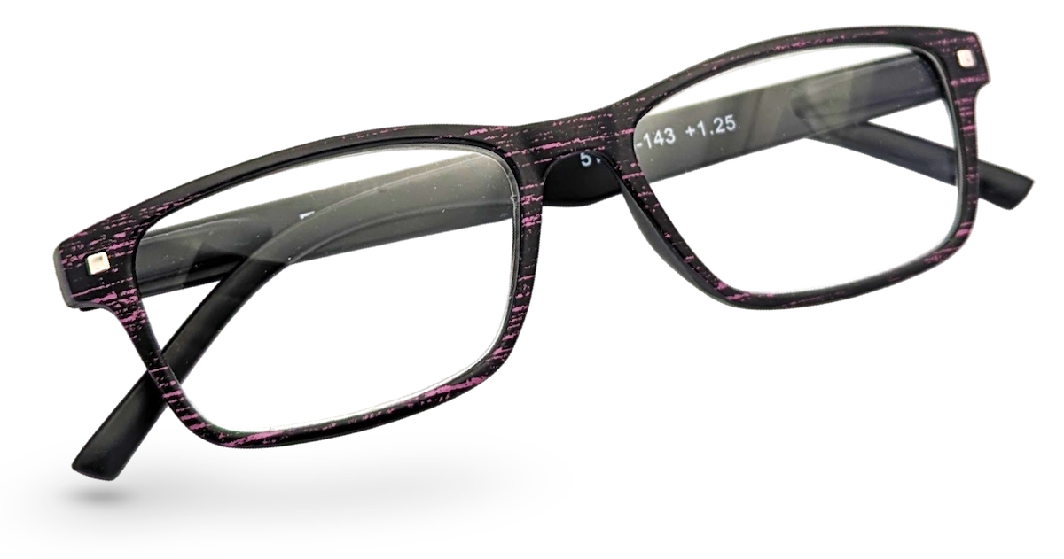 Eyelevel-UK Miami reading glasses with a black and pink grain effect rectangular plastic frame and clear lenses.