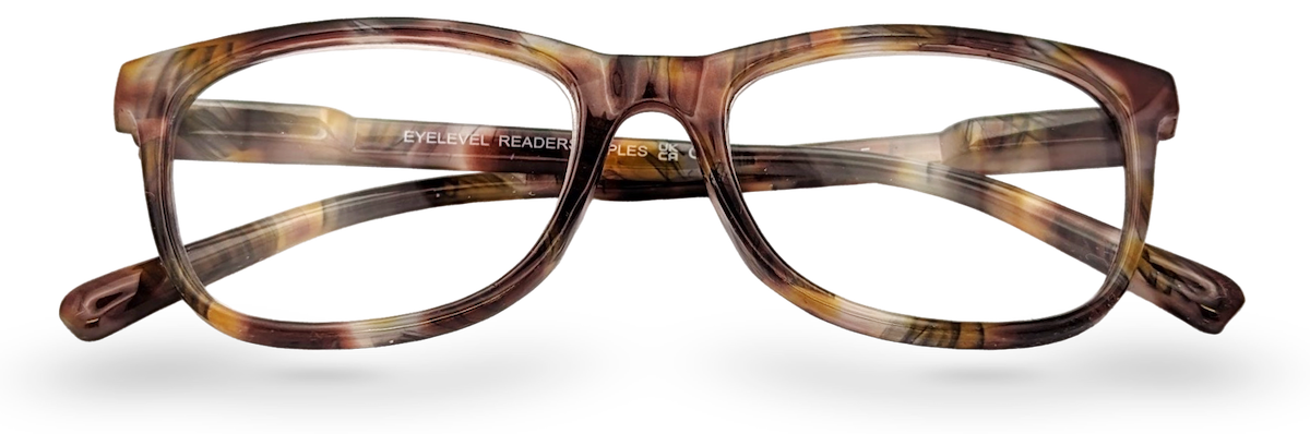 Eyelevel-UK Naples reading glasses with a brown and multicolour softly squared plastic frame and clear lenses.