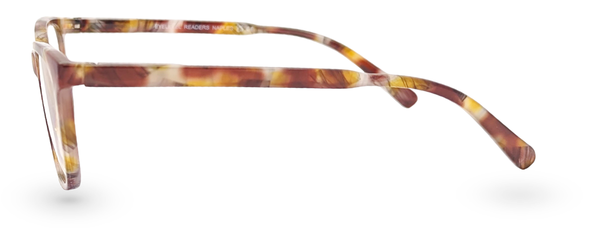 Eyelevel-UK Naples reading glasses with a brown and multicolour tortoiseshell patterned plastic frame, side view