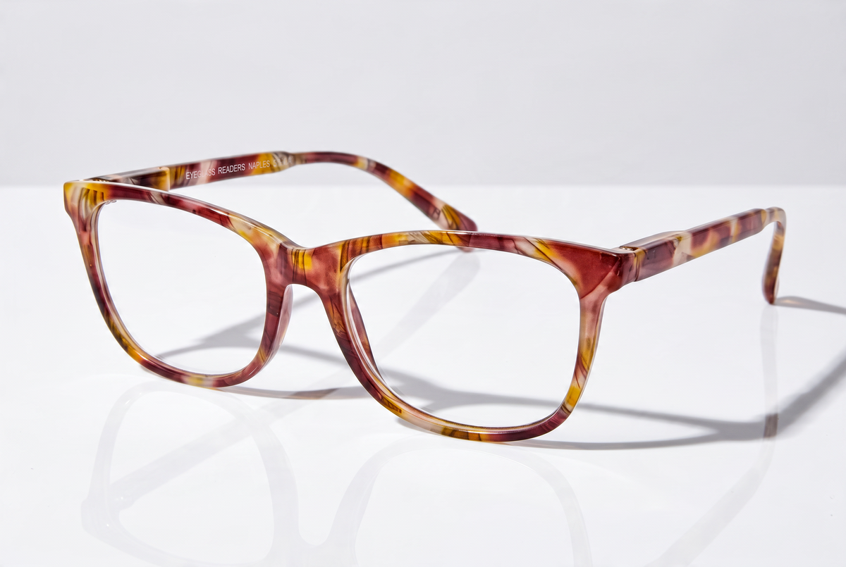 Eyelevel-UK Naples reading glasses with a brown and multicolour tortoiseshell square plastic frame on white surface