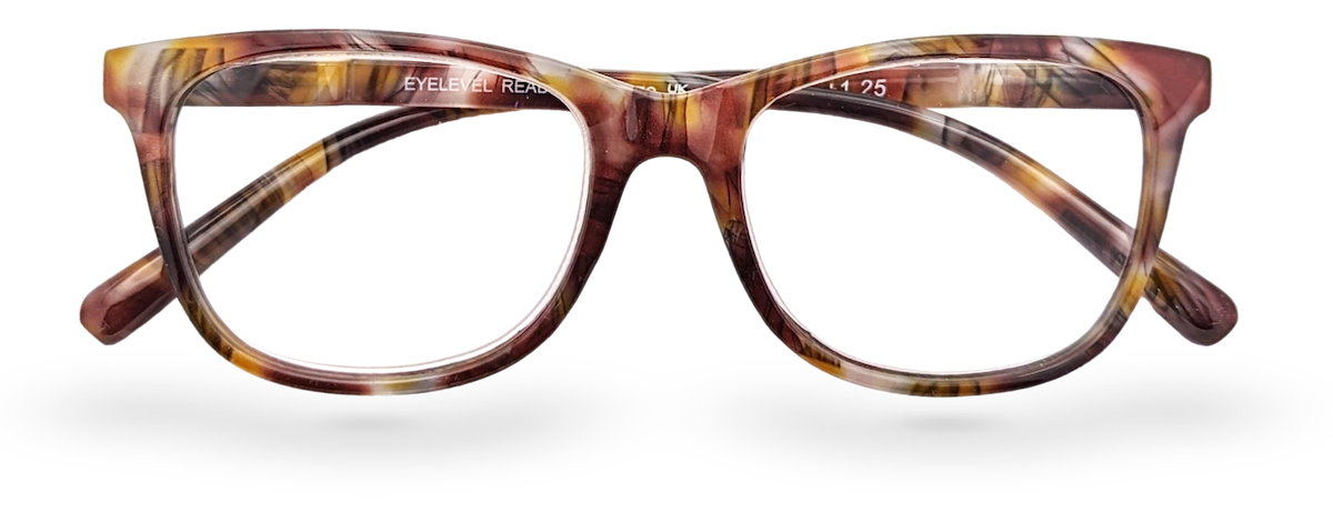 Eyelevel-UK Naples reading glasses with a brown and multicolour softly squared plastic frame and clear lenses