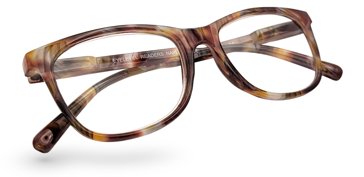 Eyelevel-UK Naples reading glasses with a brown and multicolour softly squared plastic frame and clear lenses.