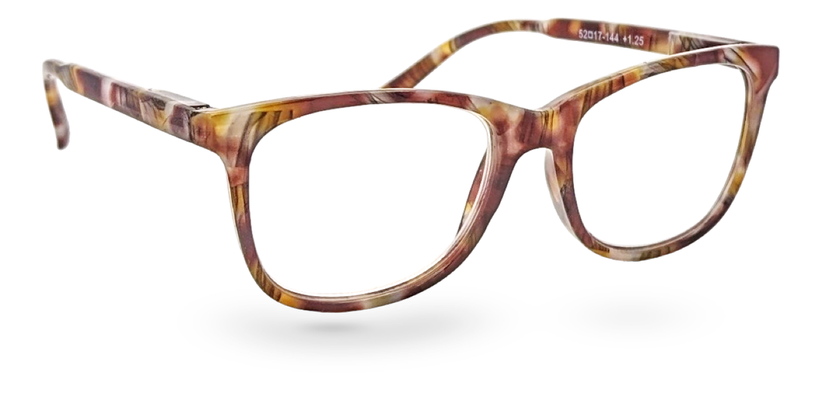 Eyelevel-UK Naples reading glasses with a brown and multicolour patterned square plastic frame and clear lenses.