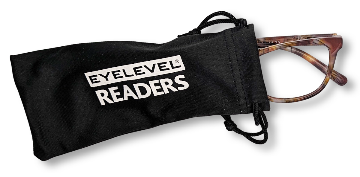 Eyelevel-UK Naples reading glasses with brown multicolour frames partially inside a black branded felt pouch