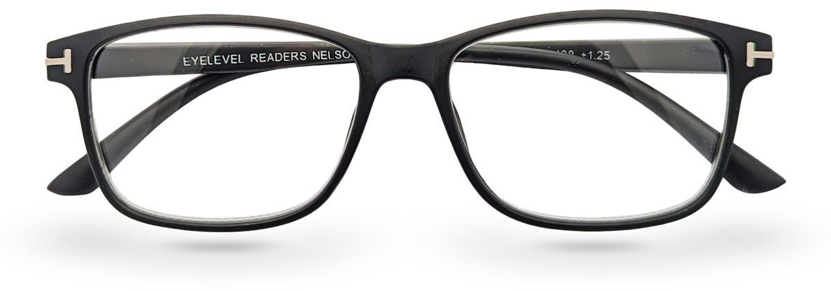 Eyelevel-UK Nelson reading glasses with a classic black square plastic frame and clear magnifying lenses.