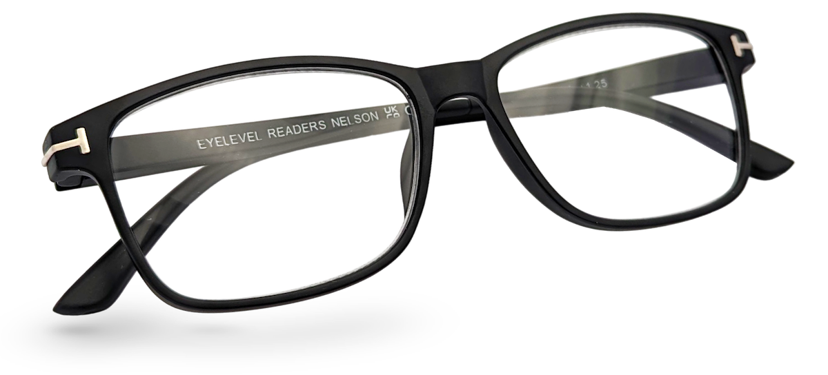 Eyelevel-UK Nelson reading glasses with a classic black square plastic frame and clear magnifying lenses