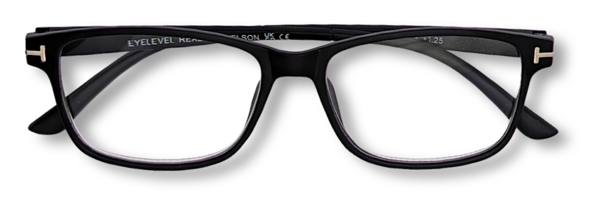 Eyelevel-UK Nelson reading glasses with a classic black square plastic frame and clear magnifying lenses