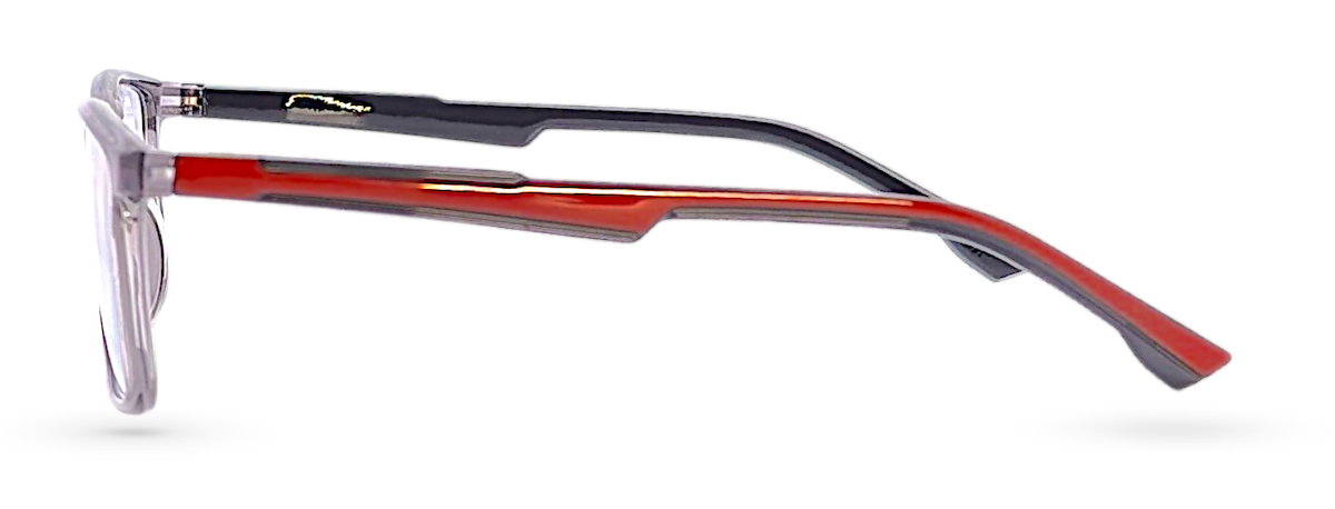 Eyelevel-UK Newton reading glasses with a grey transparent square frame and contrasting red temple arms