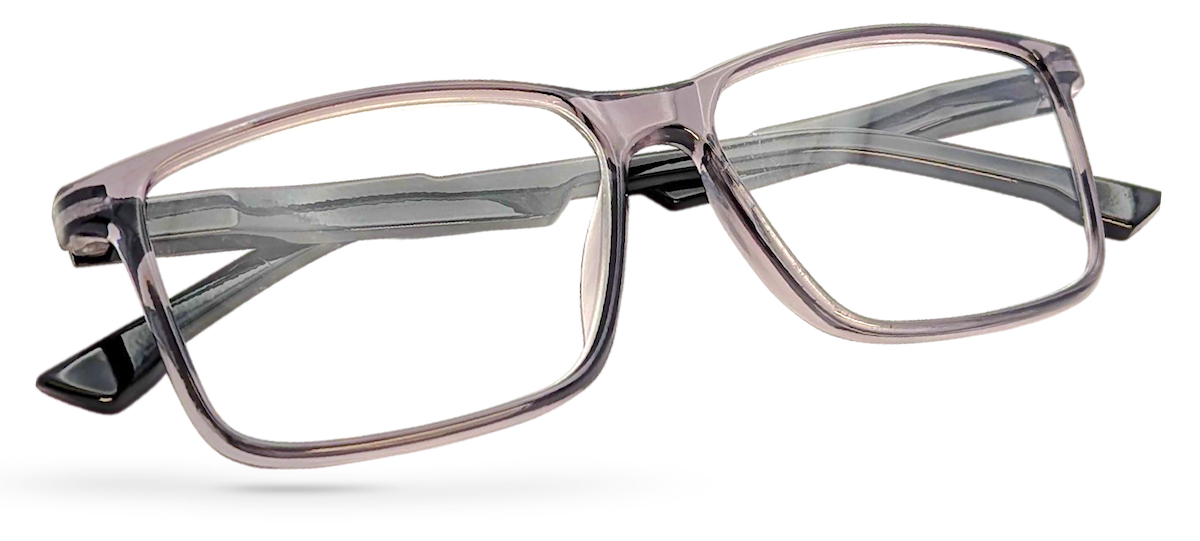 Eyelevel-UK Newton reading glasses with a grey transparent square plastic frame and clear magnifying lenses.