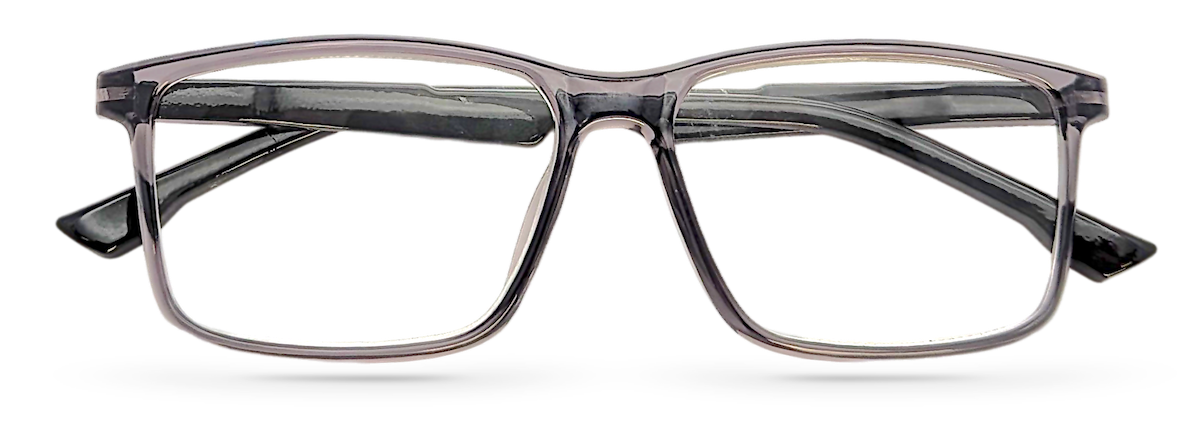 Eyelevel-UK Newton reading glasses with a grey transparent square plastic frame and clear magnifying lenses