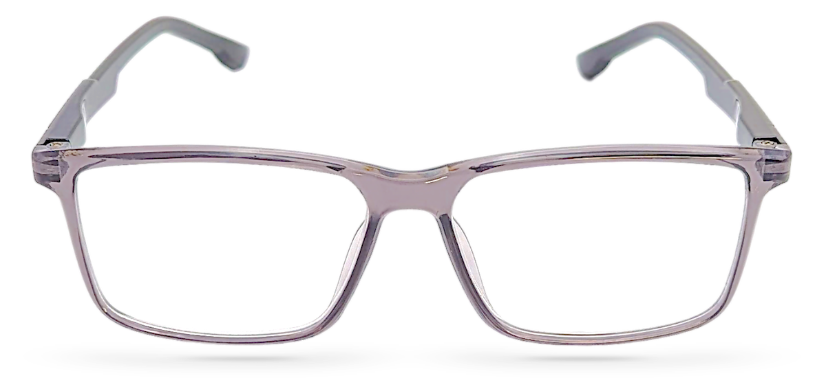 Eyelevel-UK Newton reading glasses with a grey transparent square plastic frame and clear magnifying lenses.