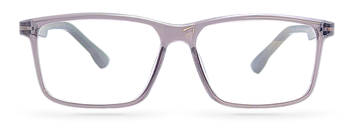 Eyelevel-UK Newton reading glasses with a grey transparent square plastic frame and clear magnifying lenses.