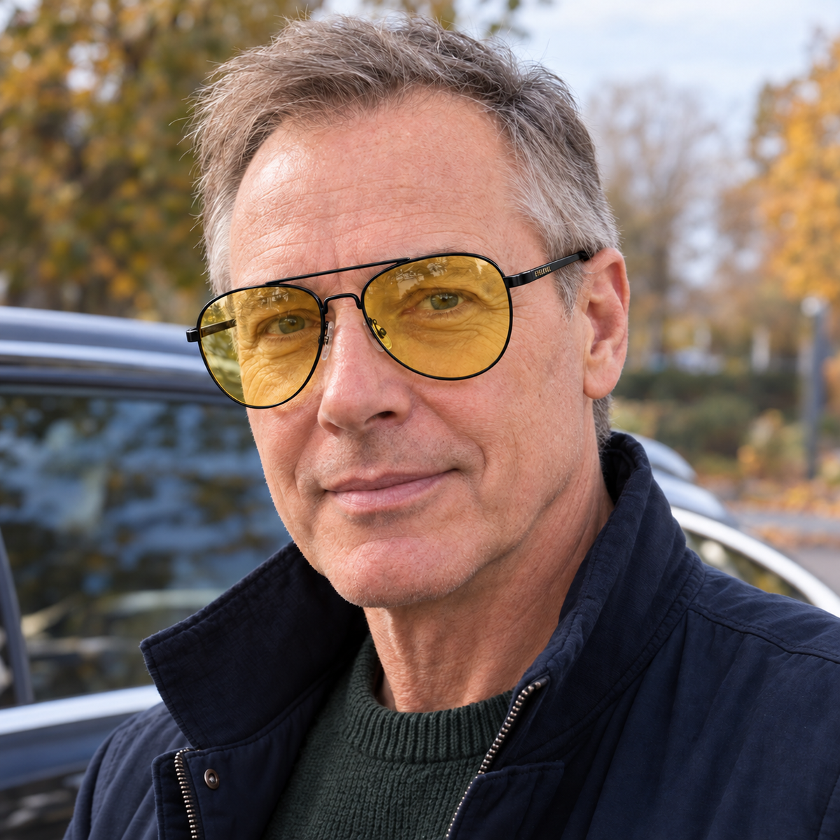 Middle-aged man wearing Eyelevel-UK Night Driver 1 sunglasses with black frames and yellow lenses outdoors.