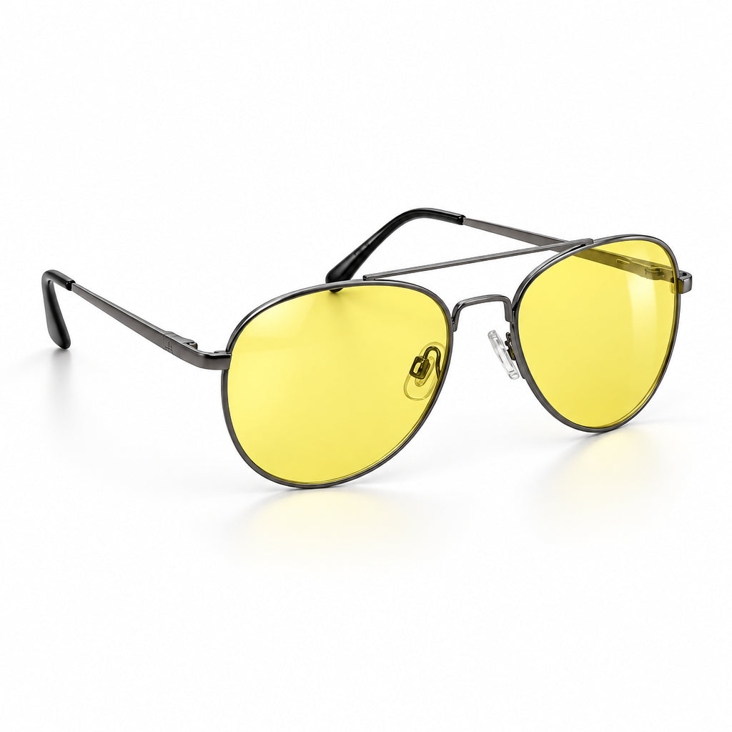 Eyelevel-UK Night Driver 1 sunglasses featuring a gunmetal frame and yellow lenses for low-light driving conditions.
