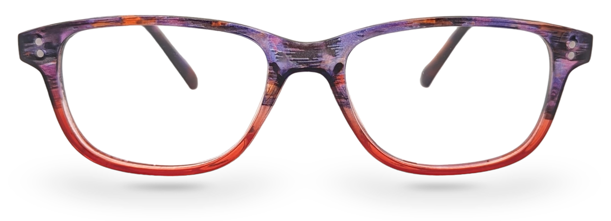 Eyelevel-UK Immaculate reading glasses featuring a softly squared orange and purple plastic frame with clear lenses.