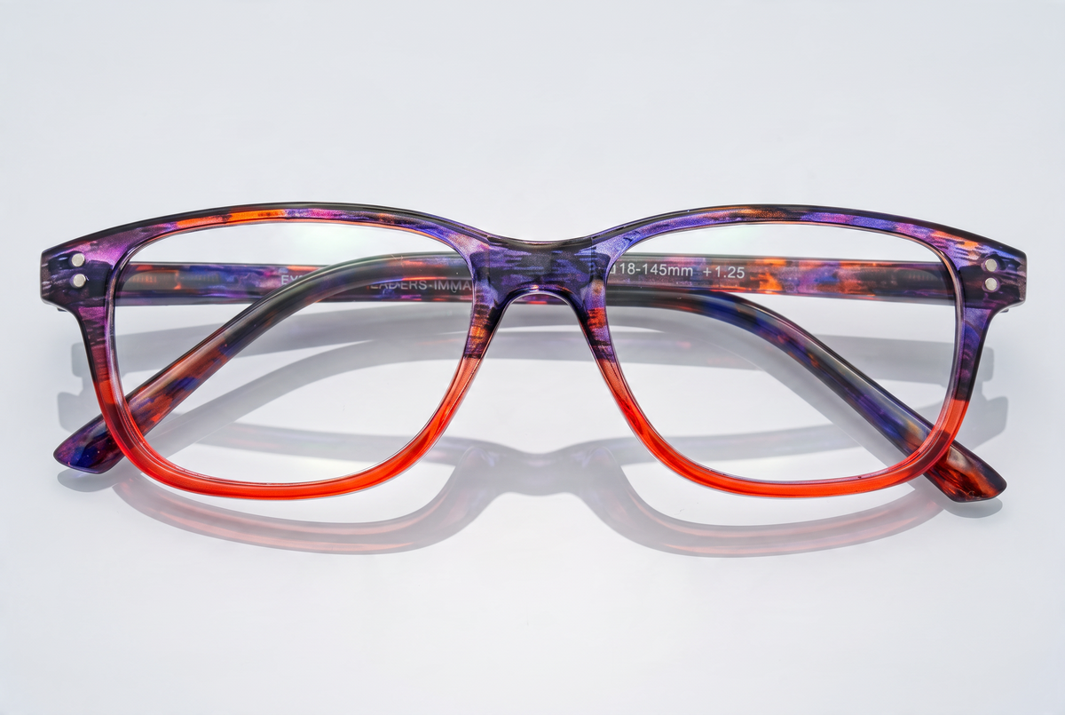 Eyelevel-UK Immaculate reading glasses with a softly squared, orange and purple patterned plastic frame.