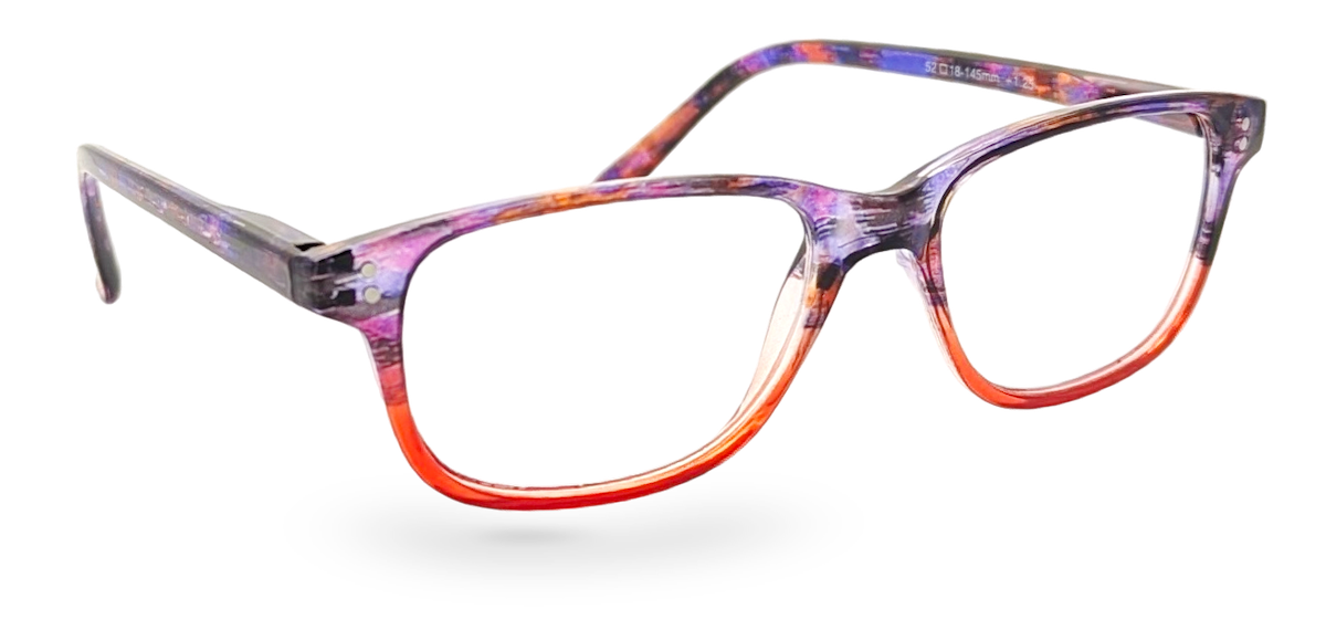 Eyelevel-UK Immaculate reading glasses with a colourful orange and purple rectangular plastic frame
