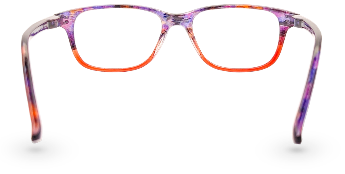 Eyelevel-UK Immaculate reading glasses with a colourful orange and purple squared plastic frame, back view.
