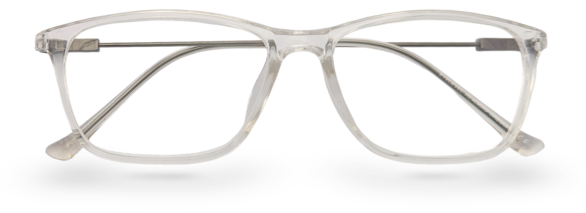 Eyelevel-UK Oregon reading glasses featuring a transparent softly squared plastic frame and clear magnifying lenses.