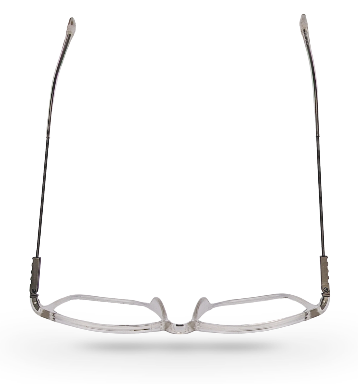 Eyelevel-UK Oregon reading glasses with a transparent squared plastic frame and thin metal temples viewed from above.