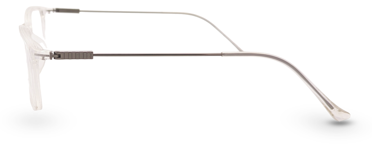 Eyelevel-UK Oregon reading glasses with a transparent squared frame and slim metal temples, side profile view.