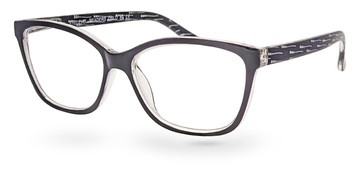 Eyelevel-UK Oslo reading glasses with a black and white squared plastic frame and clear magnifying lenses.