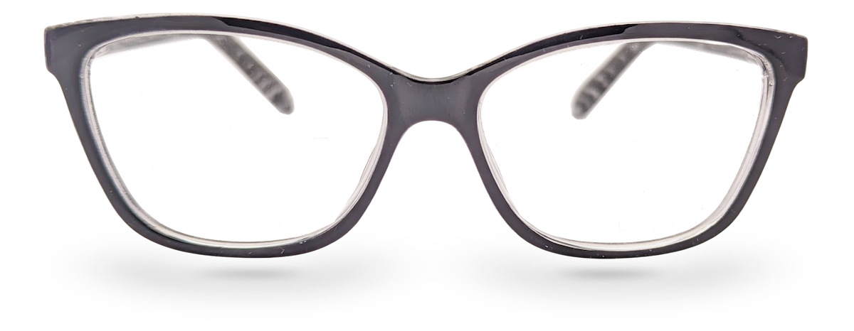 Eyelevel-UK Oslo reading glasses with a black and white softly squared plastic frame and clear magnifying lenses.