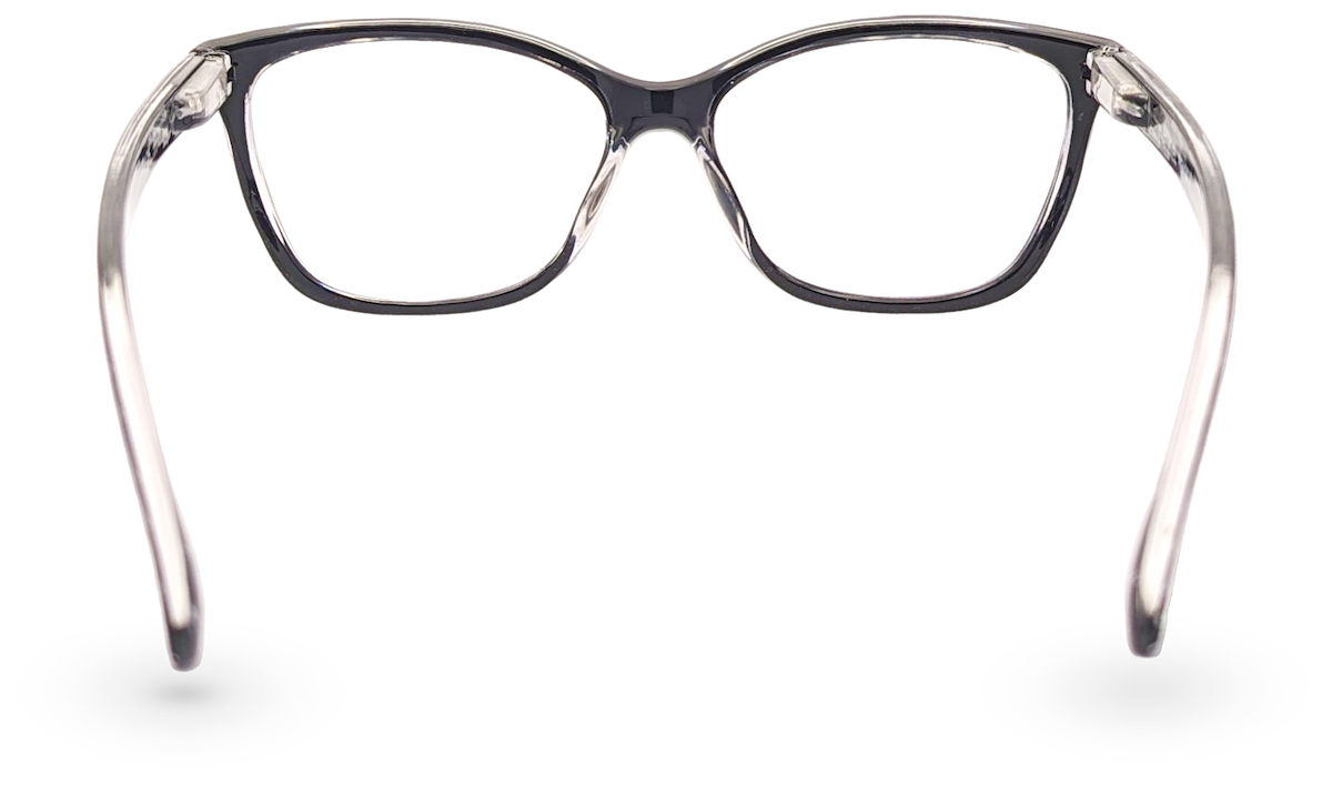 Eyelevel-UK Oslo reading glasses with a black and white squared plastic frame viewed from the back
