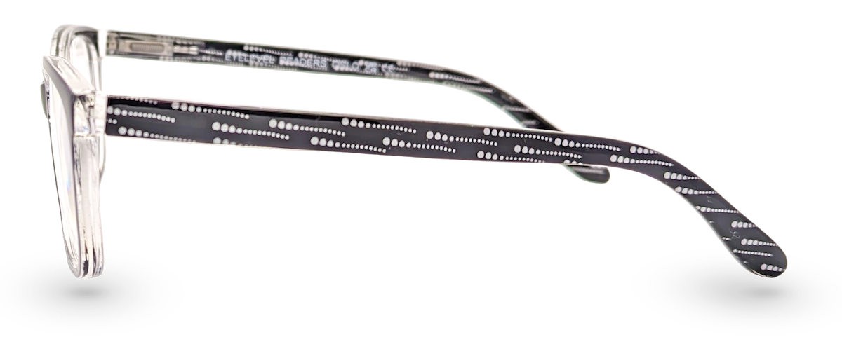Eyelevel-UK Oslo reading glasses with a black and white patterned frame and clear magnifying lenses, side view.