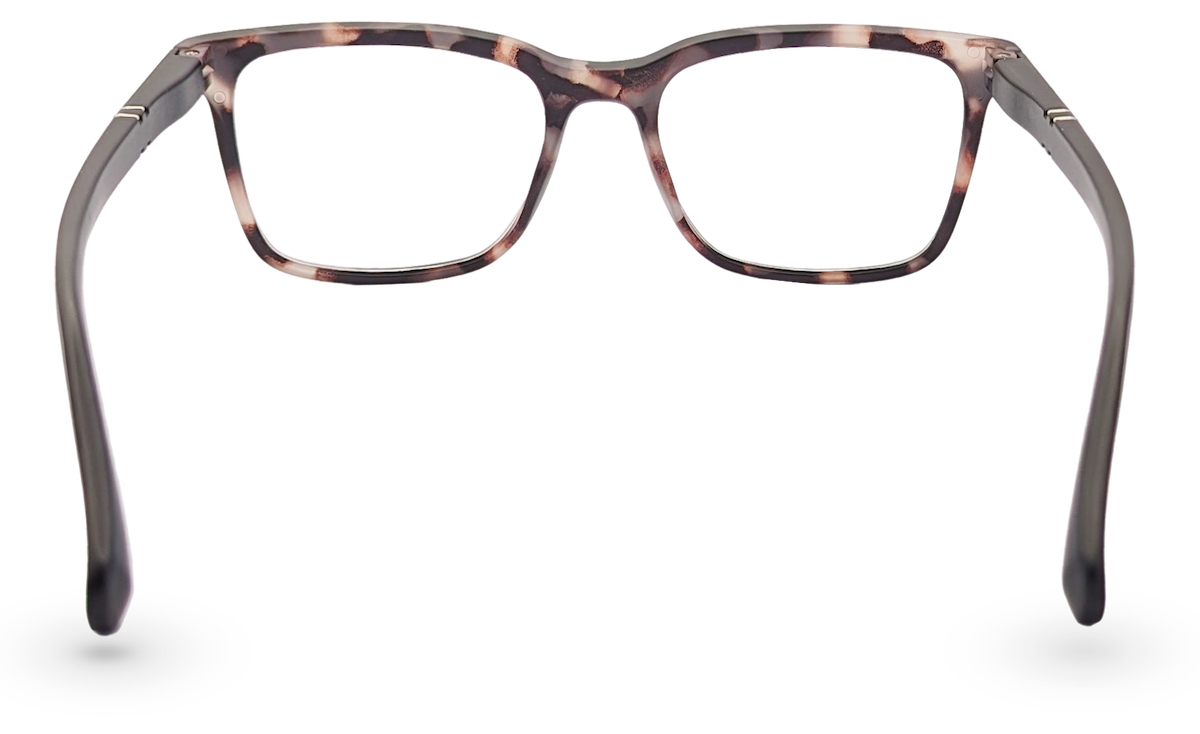 Eyelevel-UK Oxford reading glasses with a brown and matt black softly squared plastic frame, back view.