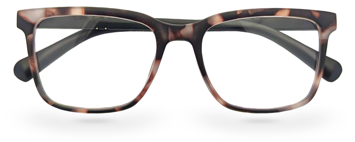 Eyelevel-UK Oxford reading glasses with a brown and matt black softly squared plastic frame and clear lenses.
