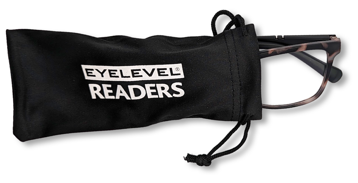 Eyelevel-UK Oxford reading glasses with brown and matt black squared frames inside a black branded drawstring pouch