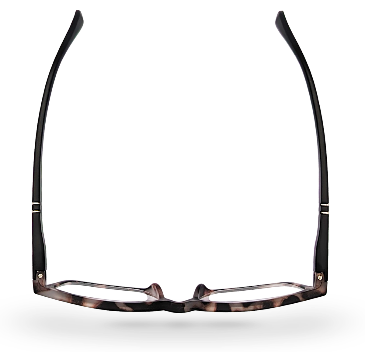 Eyelevel-UK Oxford reading glasses with a brown and matt black softly squared frame viewed from above