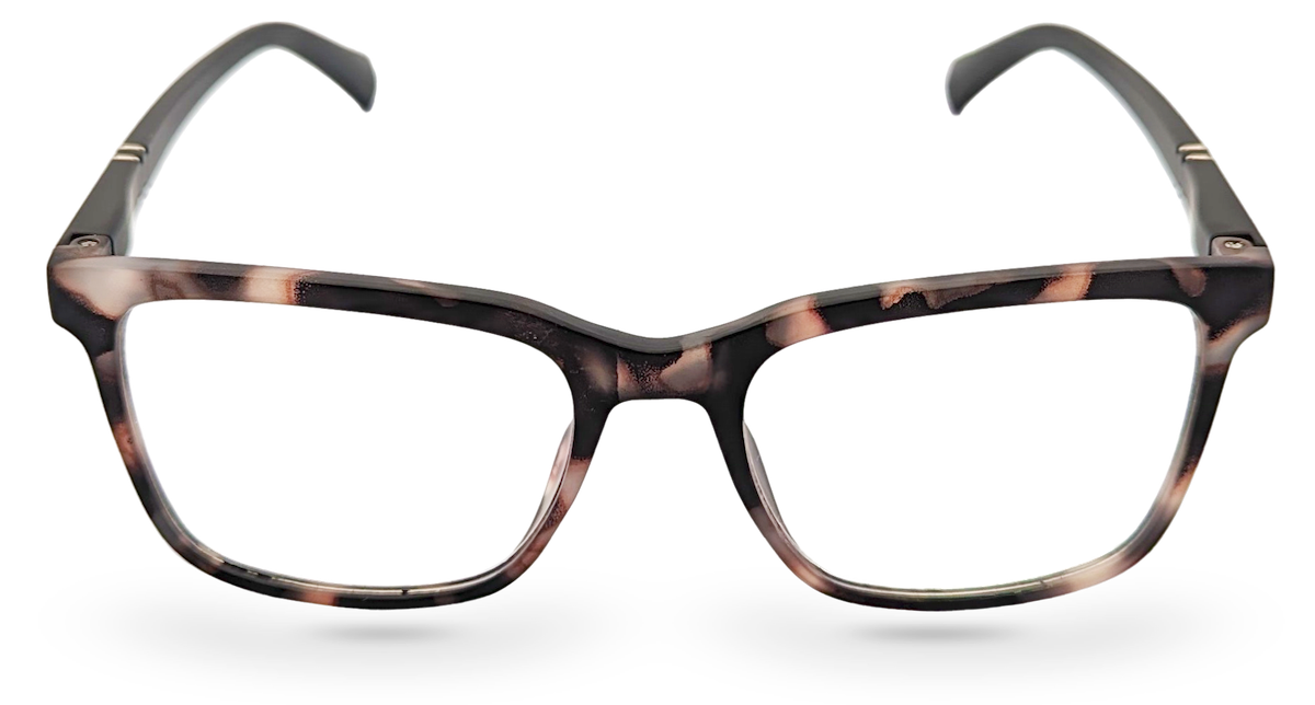 Eyelevel-UK Oxford reading glasses with a softly squared brown and matt black plastic frame and clear lenses.