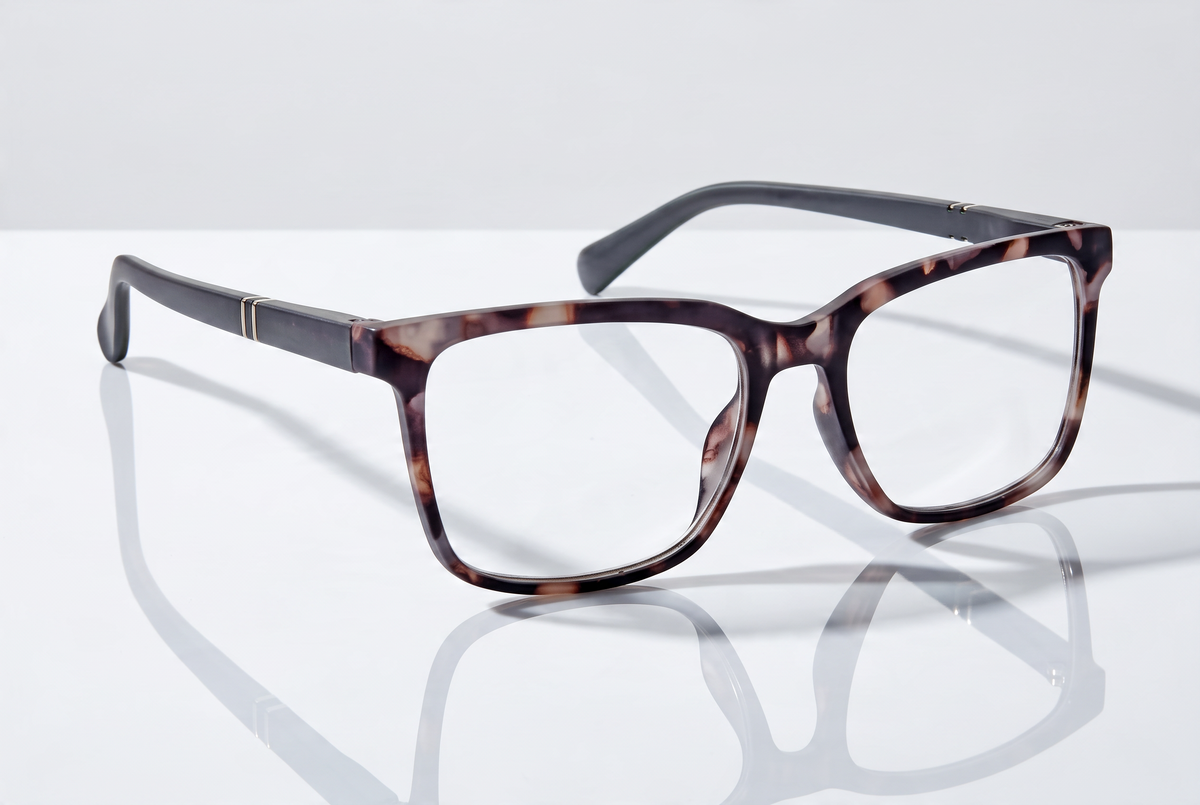 Eyelevel-UK Oxford reading glasses with a brown tortoiseshell and matte black squared plastic frame on a white surface