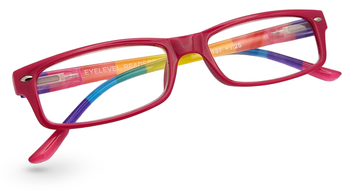 Eyelevel-UK rectangular reading glasses with a pink frame and colourful rainbow-patterned temples.