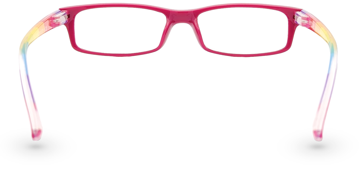 Eyelevel-UK rectangular reading glasses with a pink front frame and colourful rainbow pattern on the temples