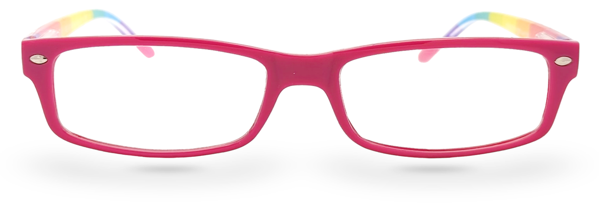 Eyelevel-UK rectangular reading glasses with a bright pink frame and colourful rainbow pattern on the inner temples.