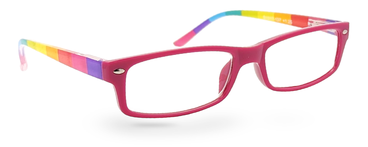 Eyelevel-UK rectangular reading glasses with a pink front frame and colourful rainbow striped temples
