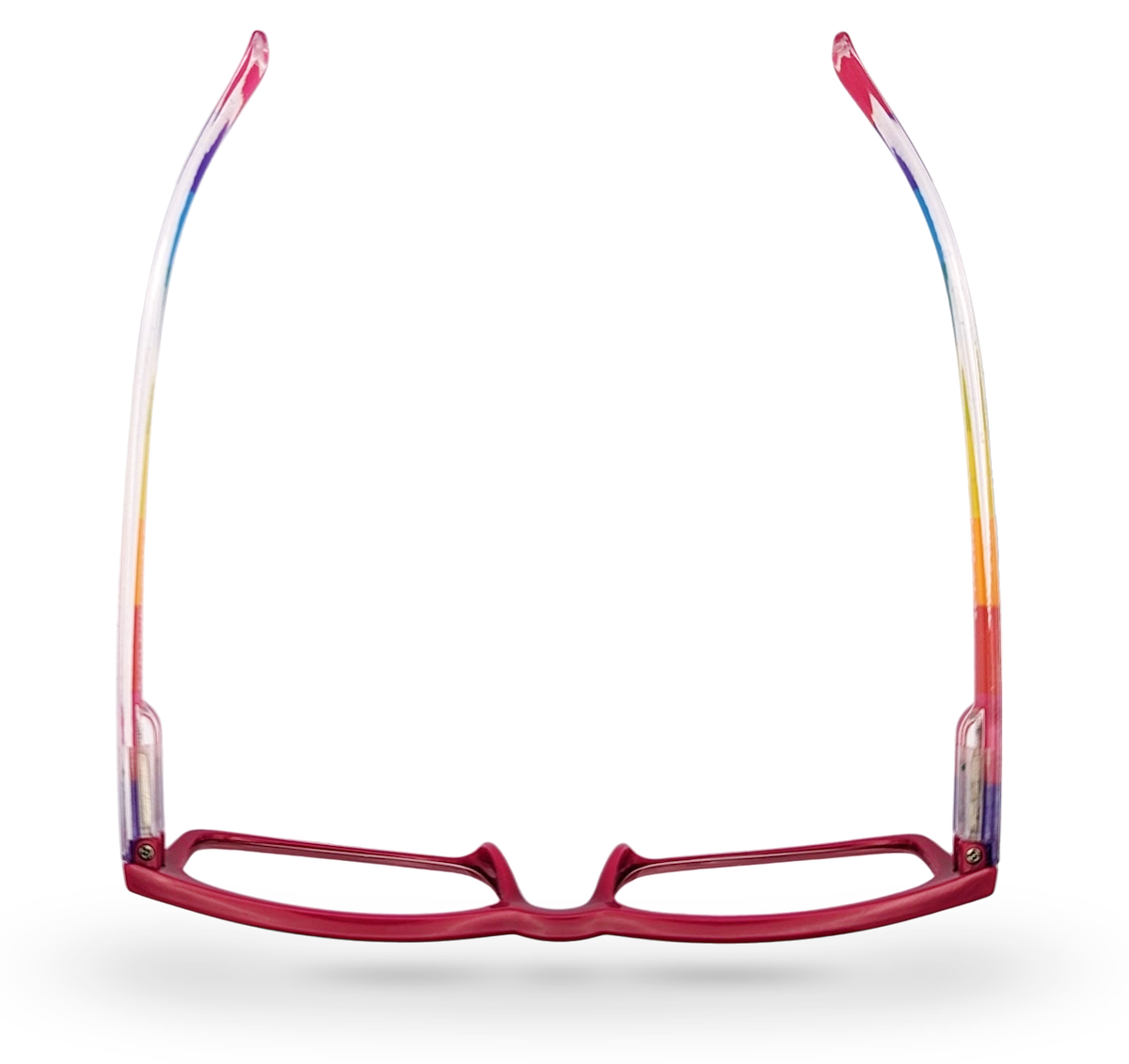 Eyelevel-UK rectangular reading glasses with a pink front frame and colourful rainbow-patterned temples.