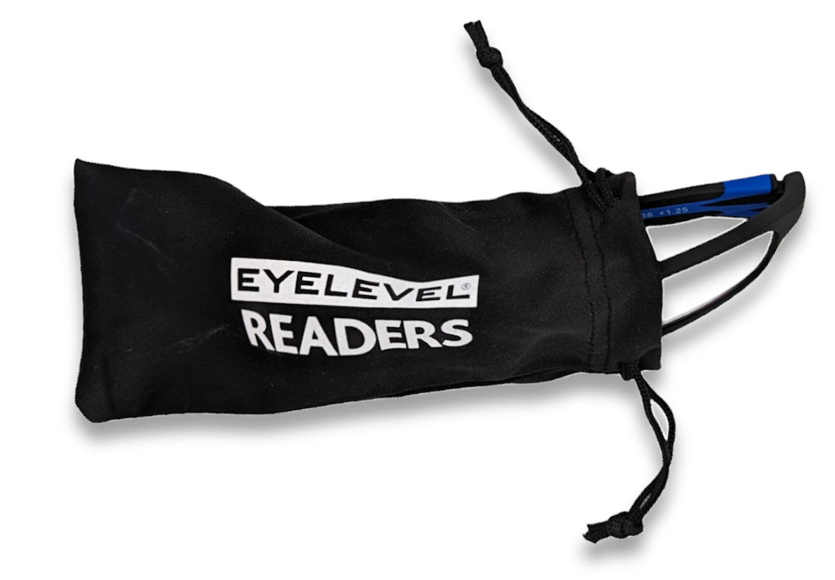 Eyelevel-UK Active Blue reading glasses inside a black drawstring storage pouch with white logo branding