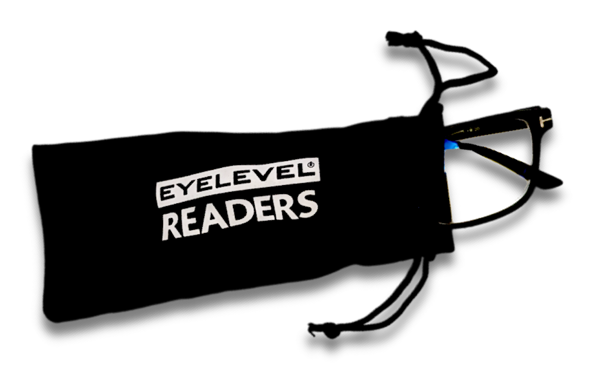 Eyelevel-UK black reading glasses partially inside a branded black drawstring storage pouch